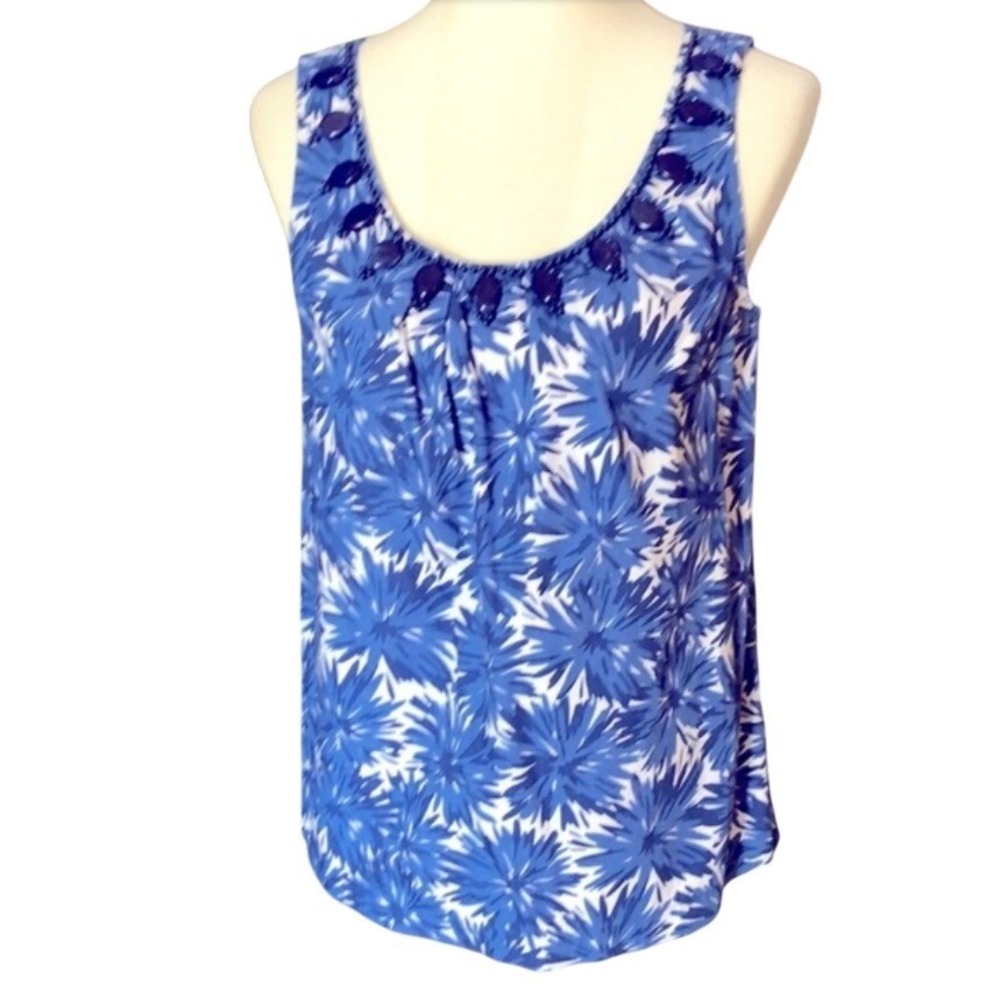 Josephine Chaus Blue Floral Beaded Scoop Neck Cotton Tank Top Blouse Small NWOT